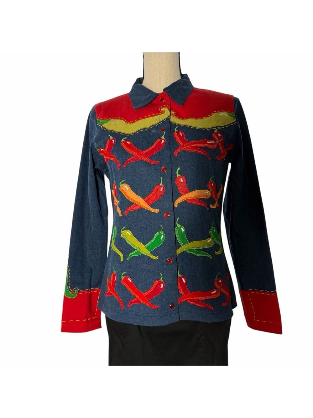 Michael Simon Top Vintage Beaded Chili Peppers Denim Whimsy Shirt Wearable Art - Picture 14 of 14